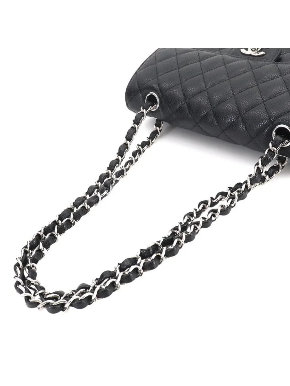 Chanel Quilted 23 Chain Shoulder Bag Caviar Leather Black Silver